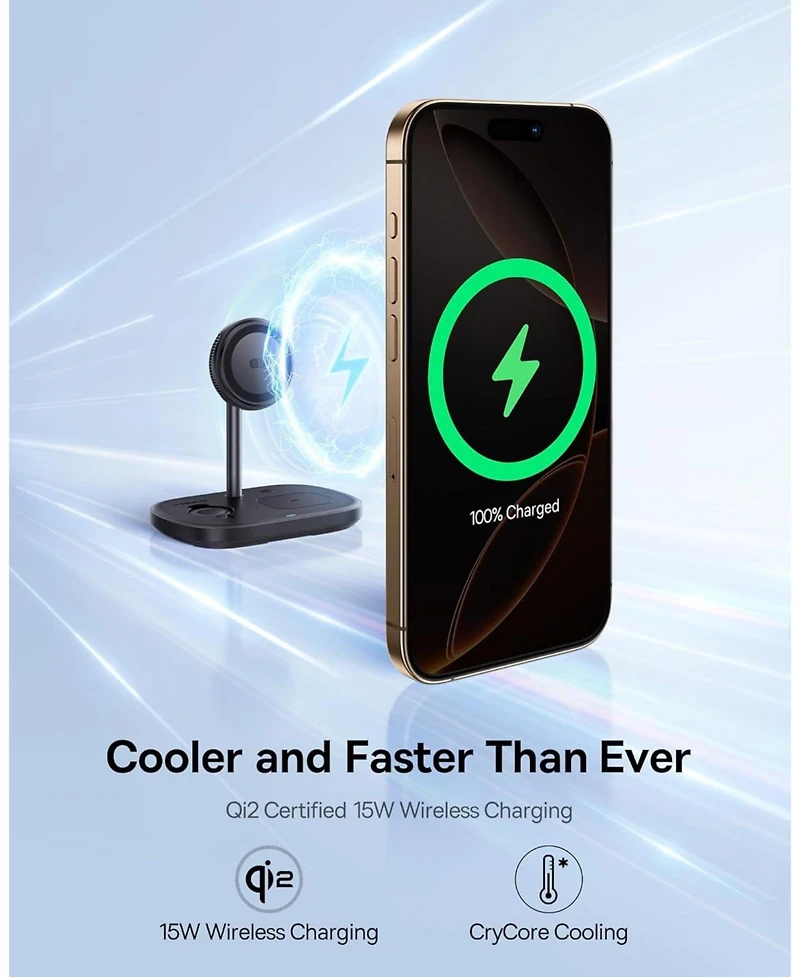 Baseus MagSafe-Compatible 3 in 1 Wireless Charger Stand, Qi2 Certified 15W Wireless Charging Station, Fast Cooling iPhone Charger for iPhone16/15, App