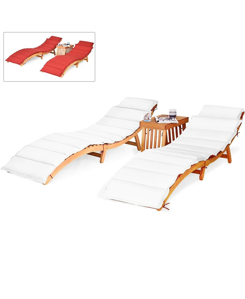 Gymax 3 Pcs Folding Eucalyptus Lounge Chair & Table Set w/ Double-sided Cushion