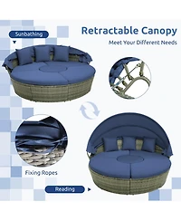 Outdoor Pe Wicker Round Daybed with Retractable Canopy and Cushions