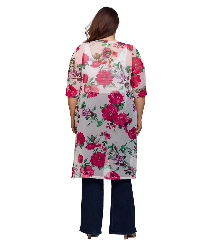 24seven Comfort Apparel Plus Sheer Floral Knee Length Duster Cardigan Sweater