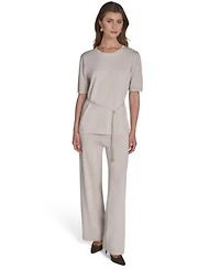 Halston Womens Metallic Tie Waist Round Neck Top High Rise Wide Leg Knit Pants