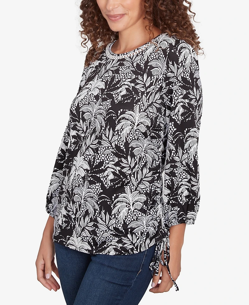 Ruby Rd. Petite Monotone Palms Puff Print Side Tie Top