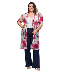 24seven Comfort Apparel Plus Sheer Floral Knee Length Duster Cardigan Sweater
