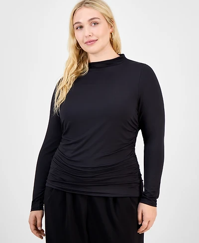 Bar Iii Trendy Plus Ruched Mock-Neck Long-Sleeve Top, Macy's Exclusive