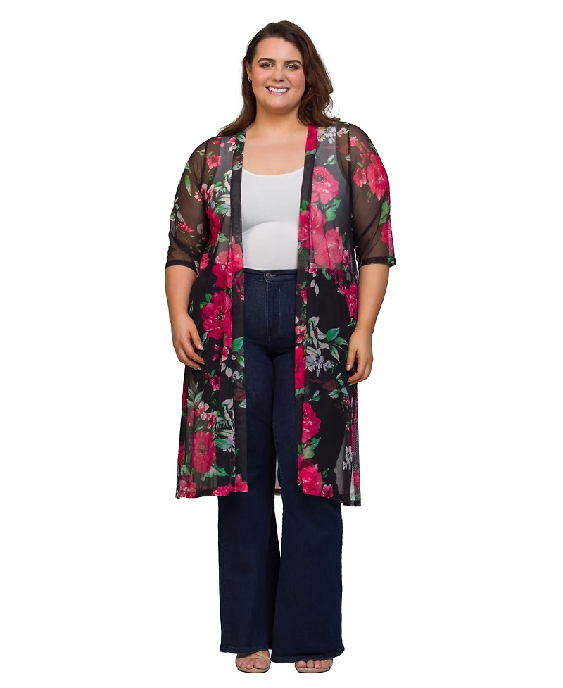 24seven Comfort Apparel Plus Sheer Floral Knee Length Duster Cardigan Sweater