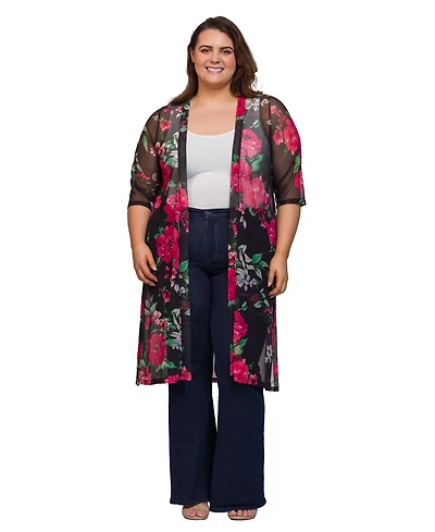 24seven Comfort Apparel Plus Sheer Floral Knee Length Duster Cardigan Sweater