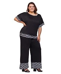 24seven Comfort Apparel Plus Geometric Print Trim 2-Piece Top and Pants Set