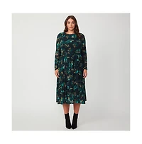 Estelle Foliage Whisper Green Black Floral Mesh Midi Dress