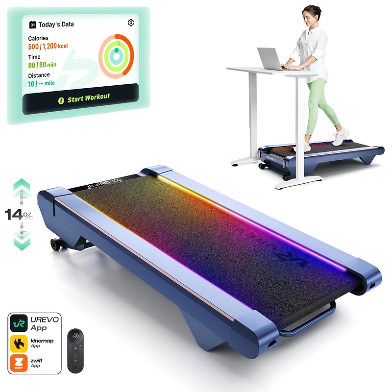 Under Desk Treadmill with Incline, Urevo 14% Max Incline Walking Pad, 2-in-1 Treadmill for Home Office, Extended Walking Surface, Quiet Motor, App Con