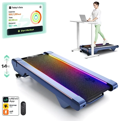 Smart Walking Pad with 14% Incline, Under Desk Treadmill for Home Use, Extended Walking Surface, Led Remote, Speed-Responsive Lighting, Quiet Brushles
