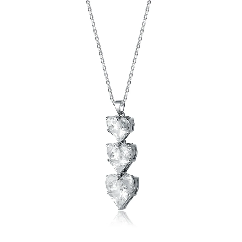 Cubic Zirconia Sterling Silver White Gold Plated Triple Heart Shape Pendant