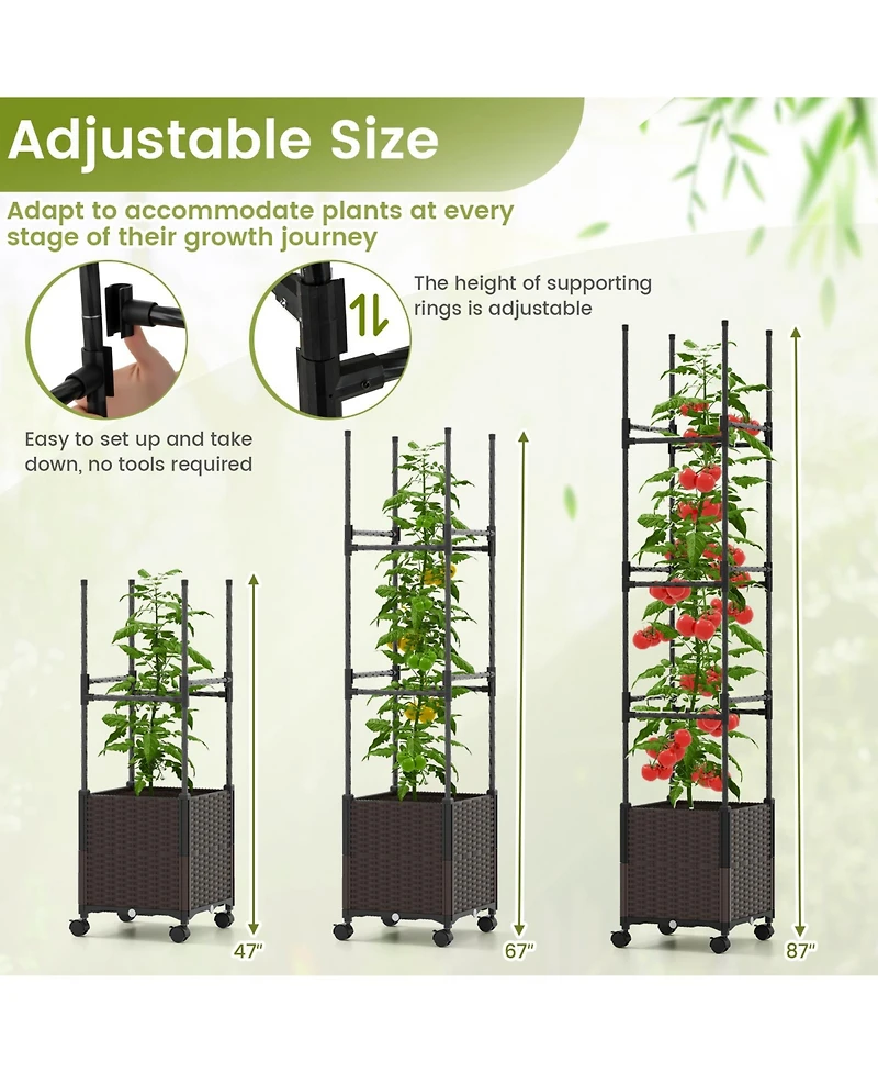 Raised Garden Bed with Plant Box Trellis and Lockable Wheels Adjustable Height