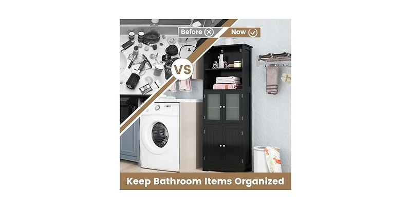 6-Tier Freestanding Bathroom Cabinet with 2 Open Compartments and Adjustable Shelves
