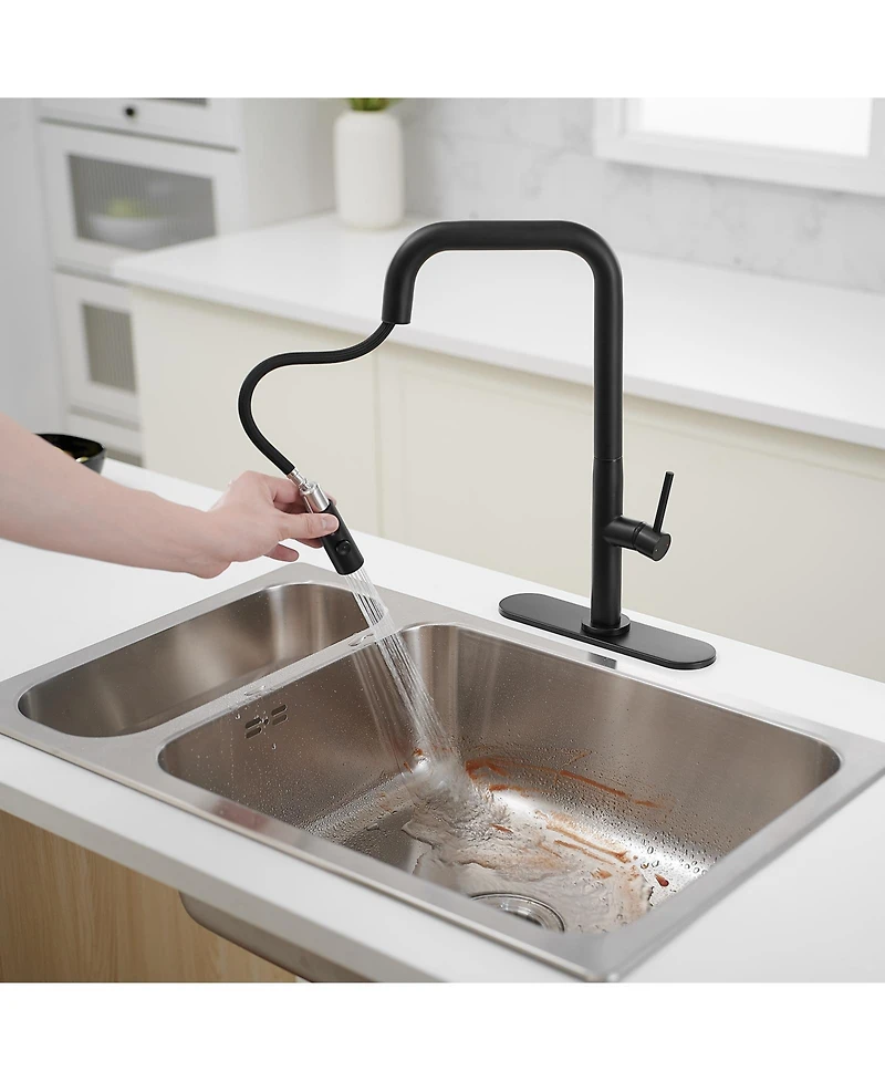 Single Handle Pull-Down Sprayer 1 Spray High Arc Kitchen Faucet With Deck Plate in Matte Black