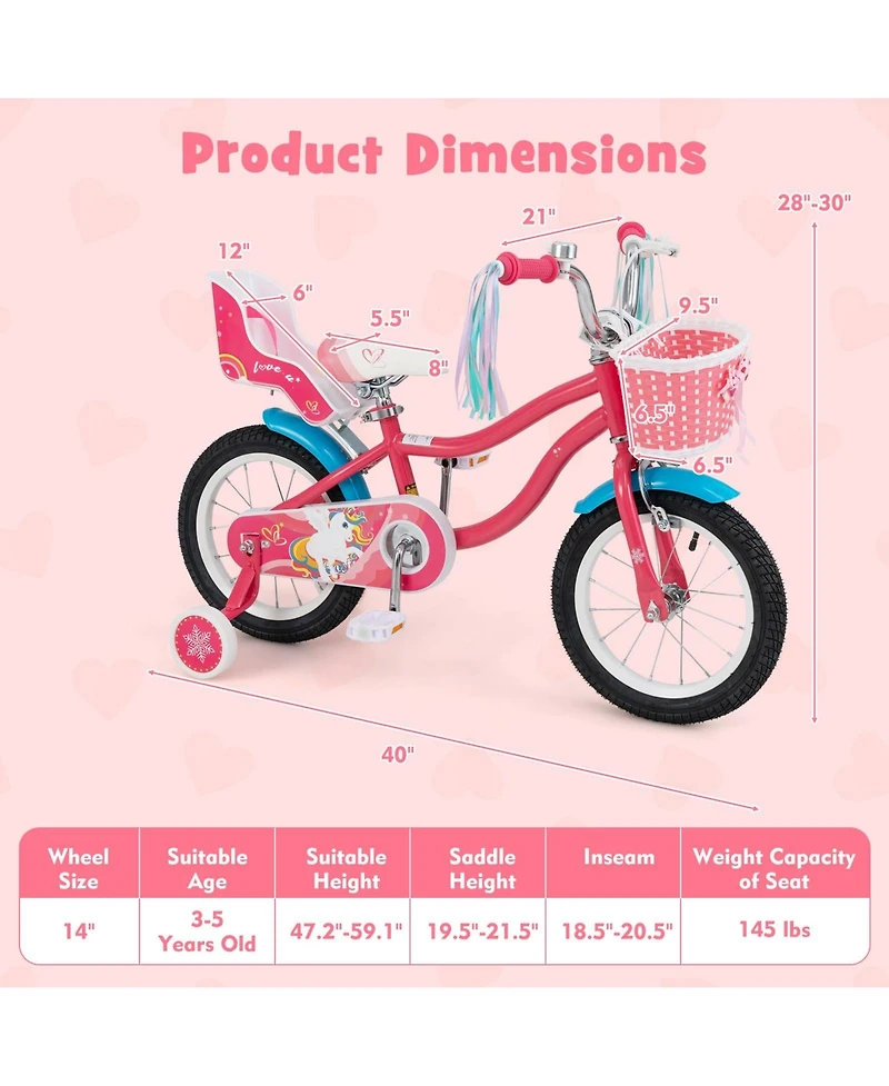 14 Inch Girls Bike for 3-8 Years Old Kids Bike with Doll Seat and Training Wheels