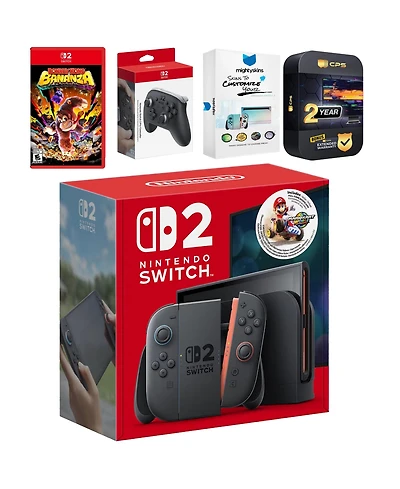Nintendo Switch 2 + Mario Kart World Bundle with Donkey Kong Bananza, Pro Controller, MightySkins Code and 2 Cps Year Extended Warranty