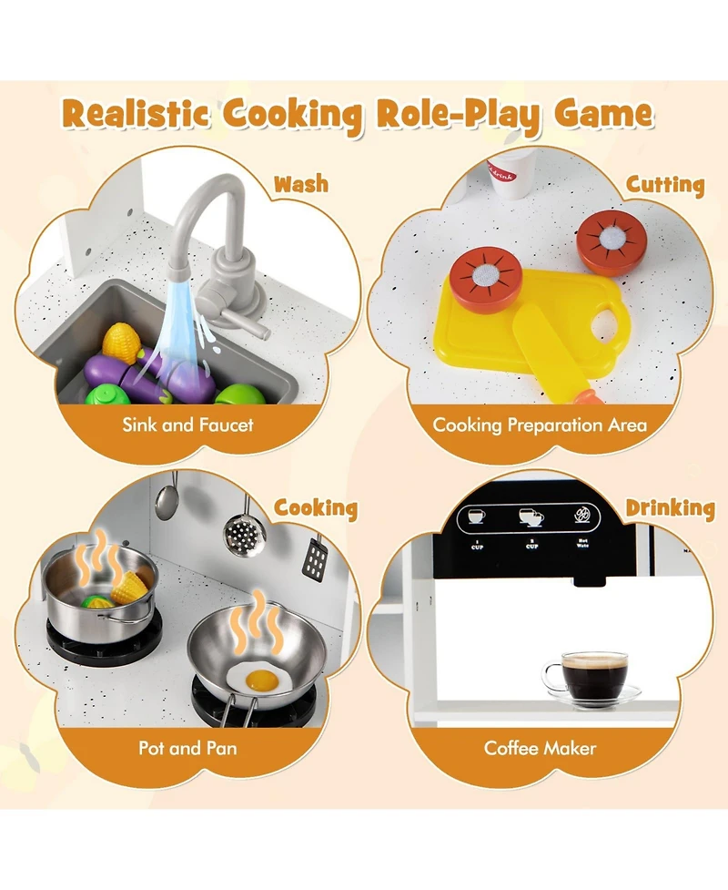 Pretend Play Kitchen Wooden Toy Set with Range Hood Real Sounds and Lights