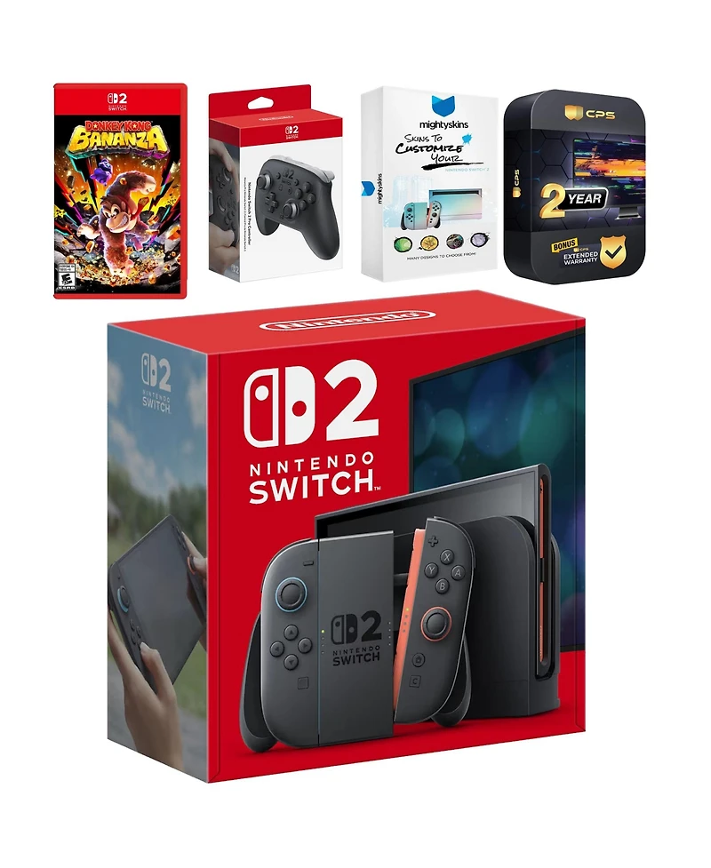 Nintendo Switch 2 Console with Donkey Kong Bonanza, Pro Controller, MightySkins Code and 2 Cps Year Extended Warranty
