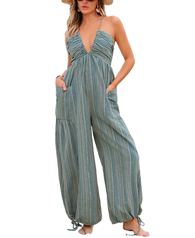 Cupshe Women's Striped Plunge Loose Leg Jumpsuit
