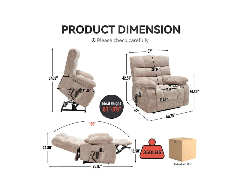 Lift Recliner Chair Heat Massage Dual Motor Infinite Position Up to 350 Lbs Large Electric Power Recliners with Power-Remote, Medium-firm and Hea