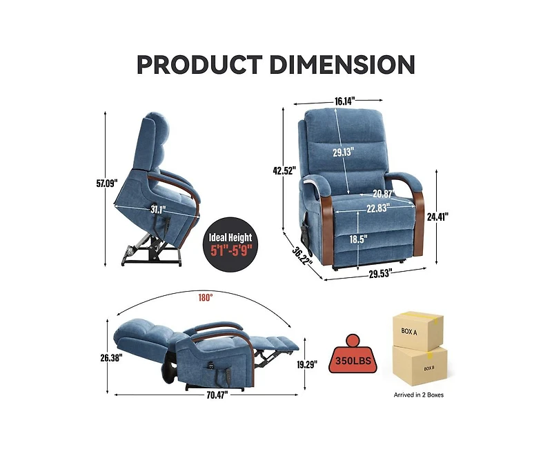 Power Chenille Lift Recliner Chair Dual Motor Infinite Position Up to 350 Lbs with Solid Wood Armrests, Heat Massage and Heavy Duty Motion Mechanism