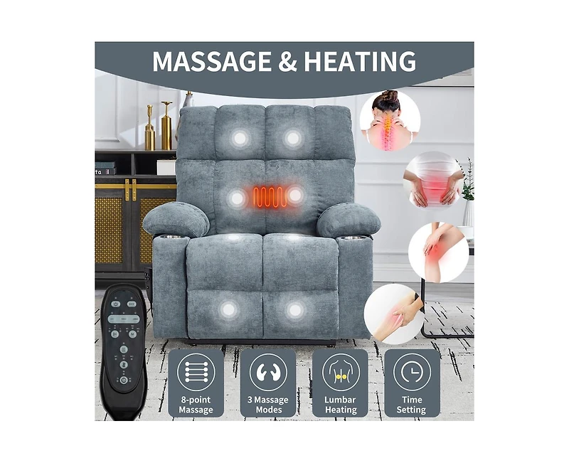 Dual Motor Infinite Position Up to 350 Lbs Chenille Power Lift Recliner Chair with 8-Point Vibration Massage and Lumbar Heating Cup Holders