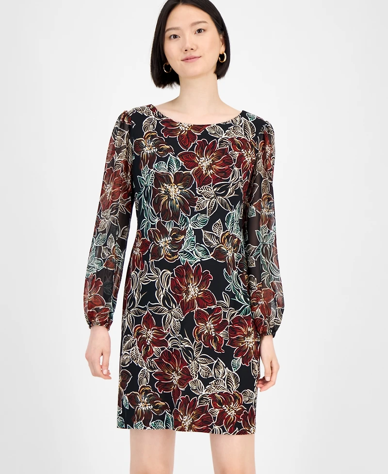 Connected Petite Floral Long-Sleeve Sheath Dress