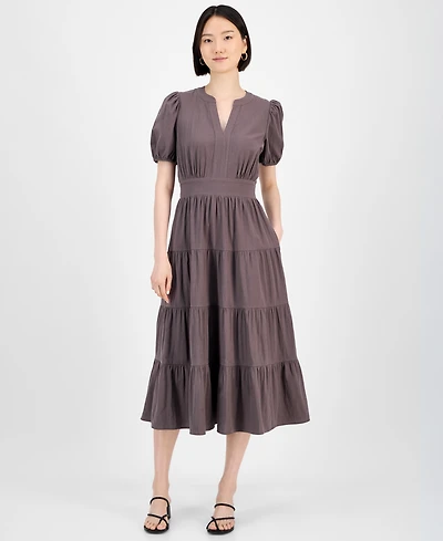 Robbie Bee Women's Cotton Puff-Sleeve Tiered Midi Dress