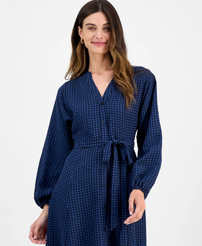 Robbie Bee Women's Gingham-Print Belted Shirtdress