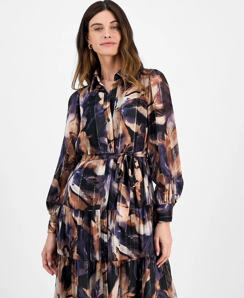 Robbie Bee Women's Tiered Floral-Print Shirtdress