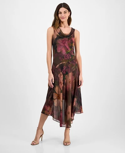 Robbie Bee Women's Cowlneck Floral-Print Dress