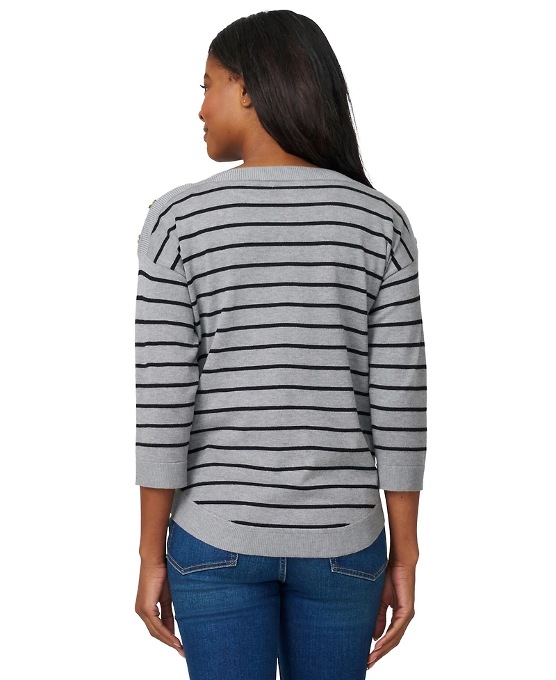 Melissa Paige Women's Striped Button-Shoulder Boatneck 3/4-Sleeve Sweater