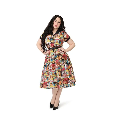 Unique Vintage Plus Collared Short Sleeved Belted Alexis Swing Dress