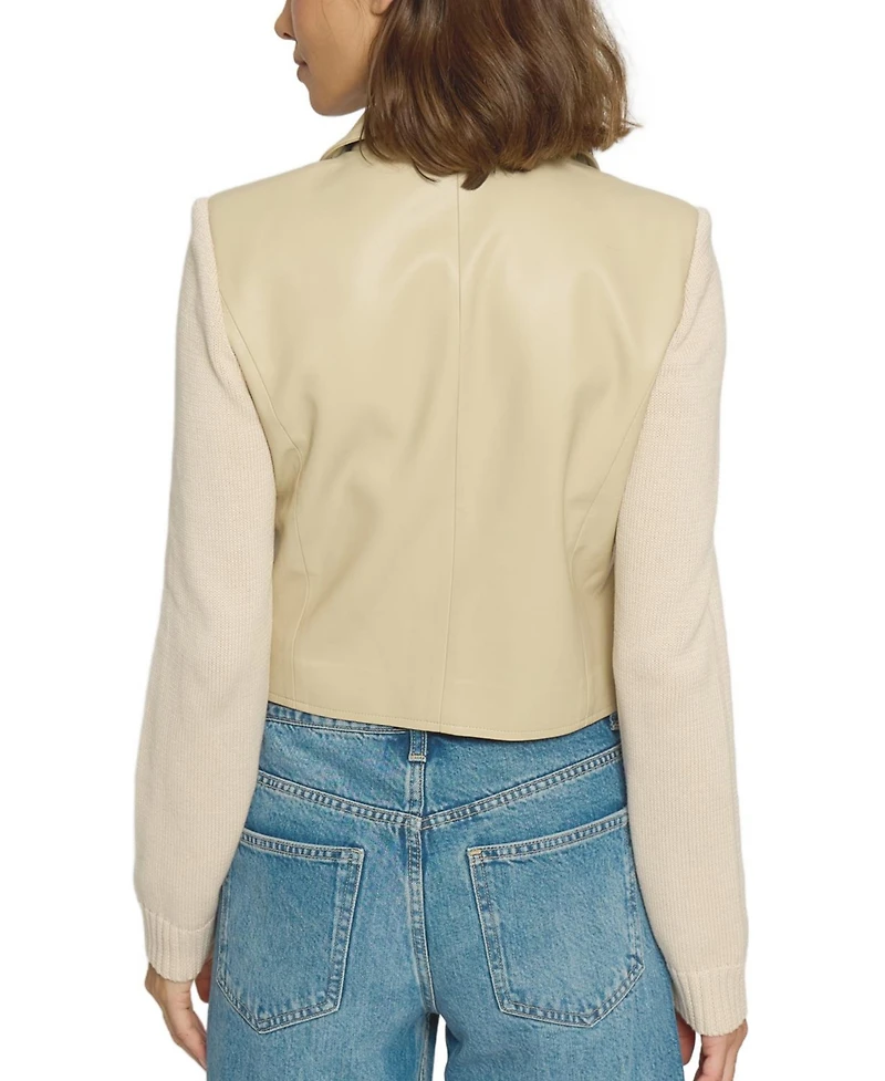 Central Park West Women's Faux Leather X Sweater Bomber Jacket