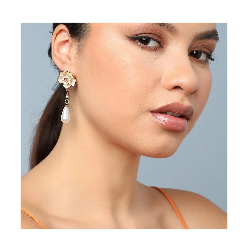 Sohi Women's Gold Embellished Rose Drop Earrings