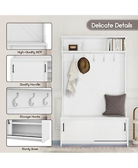 Boyel Living Hall Tree with Top Shelf and Storage Bench, Hallway Shoe Cabinet with Sliding Doors, Coat Rack with 5 Hanging Hooks for Entryways Hallway