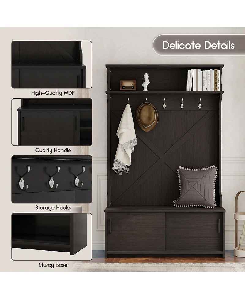 Boyel Living Hall Tree with Top Shelf and Storage Bench, Hallway Shoe Cabinet Sliding Doors, Coat Rack 5 Hanging Hooks for Entryways