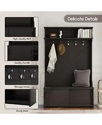 Boyel Living Hall Tree with Top Shelf and Storage Bench, Hallway Shoe Cabinet Sliding Doors, Coat Rack 5 Hanging Hooks for Entryways