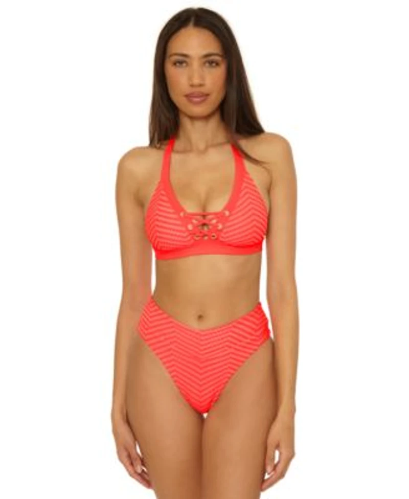 Becca Womens Connect Corset Lace Up Bikini Top High Waist Bottoms