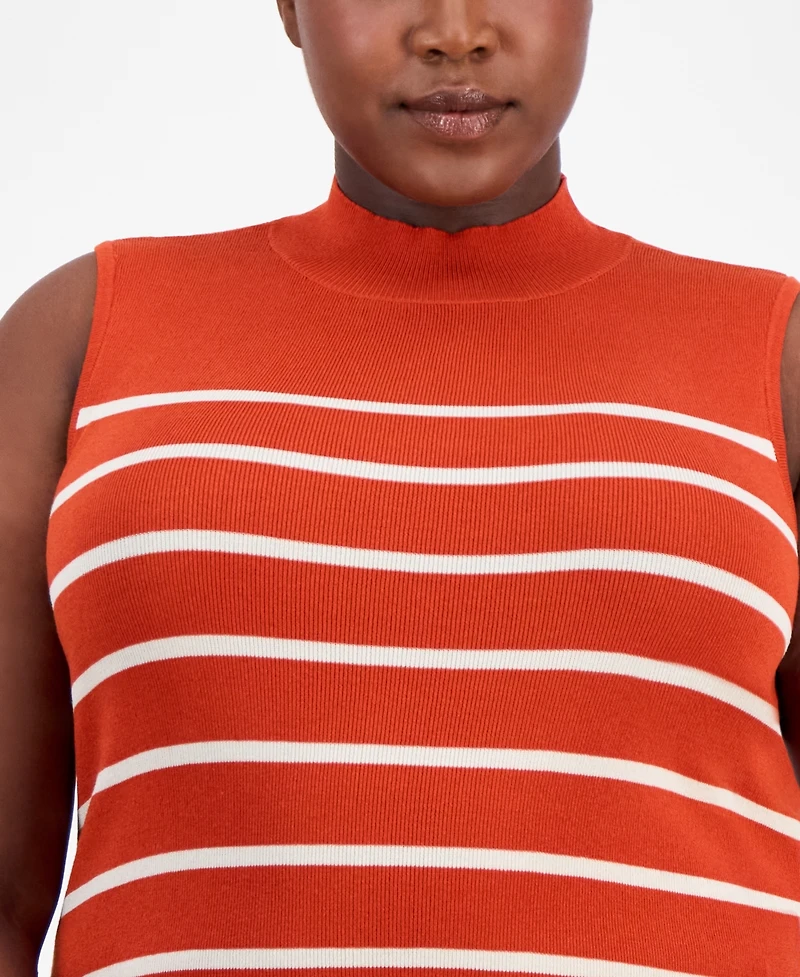 Tahari Asl Plus Striped Mock-Neck Sleeveless Sweater