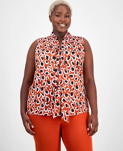 Tahari Asl Plus Printed Bow-Neck Sleeveless Top