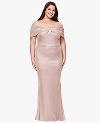 Betsy & Adam Plus Off-The-Shoulder Long Sheath Dress