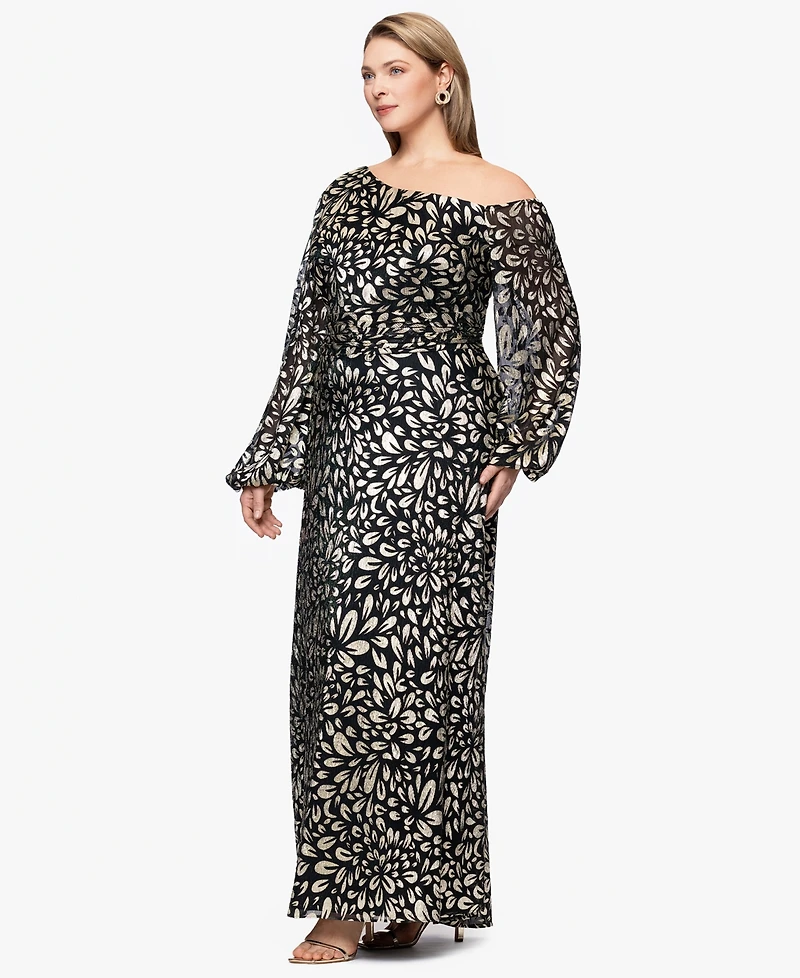 B&A By Betsy and Adam Plus Metallic Printed Long A-Line Dress