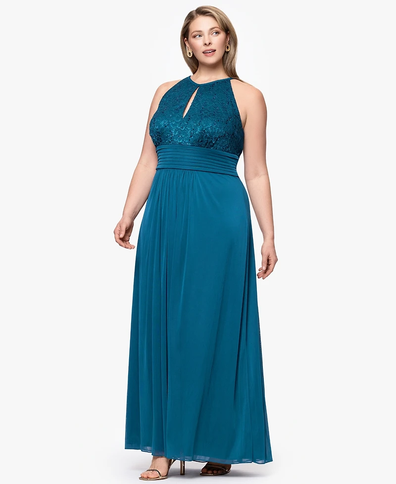 B&A By Betsy and Adam Plus Lace Long Halter Dress