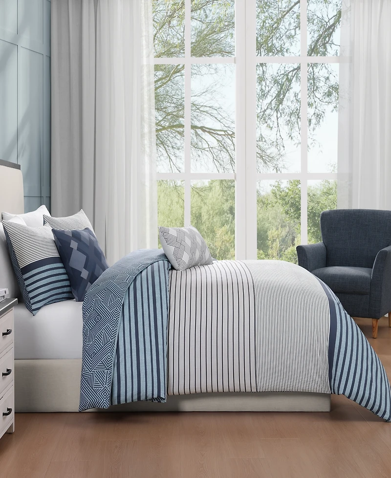 Bebejan Blue Geo Lines Bedding 100% Cotton Sateen 5 Piece King Size Reversible Comforter Set