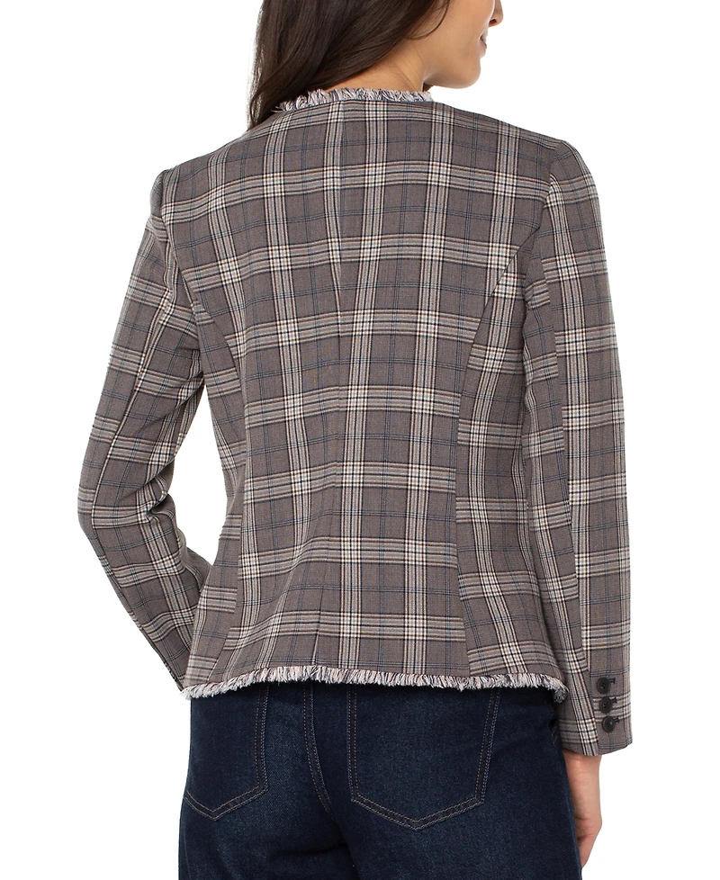 Liverpool Los Angeles Petite Frayed-Trim Plaid Blazer