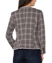 Liverpool Los Angeles Petite Frayed-Trim Plaid Blazer