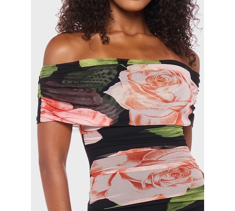 B Darlin Juniors' Printed Mesh Off-The-Shoulder Midi Dress
