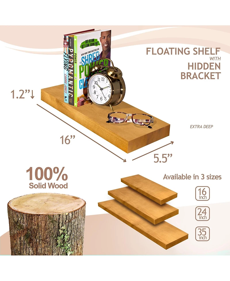Sorbus 2 Pack 16" Solid Wood Floating Shelves - for Bathroom Decor, Books, Bedroom & Living Room
