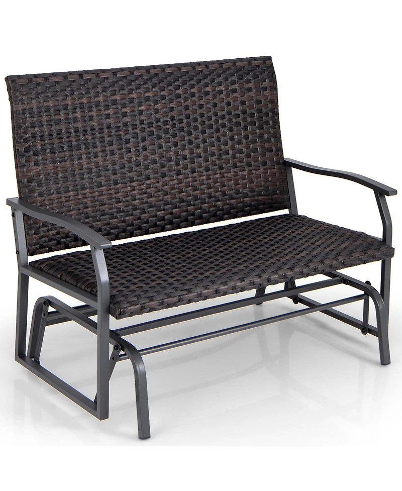 Gymax Outdoor Swing Glider Bench 2-Person Rattan Woven Glider Loveseat w/ Foam Seat
